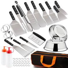 PRICES MAY VARY. INCLUDED Professional ABS handle griddle accessories contain 1 x Hamburger Spatula, Long Cooking Spatula, Perforated Long Spatula, Scraper Chopper, small spatula, bbq fork, small slotted Spatula, large fish spatula, small fish turner, steak knives, grilling tongs, 2 x squeeze bottle, 4 x egg rings, 2 x Melting Dome, 2 x Grill Scraper, Carry Bag, “S” Shape Hanging Hooks HEAVY DUTY Grill spatula blade are made of professional food grade stainless steel, hibachi accessories own erg Pizza Ring, Bbq Patio, Outdoor Griddle, Griddle Accessories, Bbq Tray, Stainless Steel Griddle, Grill Scraper, Flat Top Griddle, Grilling Utensils