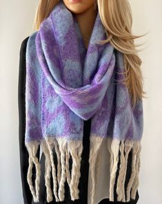 "Womens fluffy blanket scarf, oversized wool scarf / thick Winter shawl wrap. Chunky, warm Winter scarf that is long, large, thick and fluffy! Multicolour colour purple and blue leopard print scarf shawl for women. Oversized scarf or chunky wrap that makes the perfect ladies gift or \"gift for her\"! Easy to wear; this multi purpose vibrant and bright colourful scarf can be worn as a shawl wrap, big wrap scarf, infinity scarf or wearable blanket. Beautifully designed quality wool blend scarf in gorgeous colours - the perfect accessory for colder days. Stunning premium quality womens scarf; very Limited Edition, at this incredible low price.  - Thick, warm and cosy; luxury premium quality soft delicate feel. - On trend; really plush design as a long neck scarf, shawl wrap or oversized blank Cold Weather Acrylic Scarves, Trendy Blue Scarf For Fall, Soft Knit Shawl For Winter, Soft Knit Winter Shawl, Acrylic Shawl Scarves For Winter, Trendy Blue Winter Scarves, Warm Acrylic Scarves For Fall, One Size Acrylic Scarves For Fall, Cozy Blue Scarves For Fall