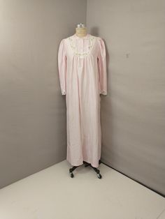 "Old fashioned style nightgown with lace, satin, and embroidered detail. Classic, modest, and full comfortable shape. Lightweight flannel interior and satin exterior, fabric tag reads polyester nylon blend Fabric is soft and lightweight. Excellent condition, no stains. Deadstock, never worn. Label is Barbizon, size marked M, shown on an 8 dress form - please go by measurements.  Length 55\" Shoulders 15\" Pit to pit 21\" Bust 48\"  Waist 54\" Hips 56\"   Hem circumference 61\" wt 10oz" Cotton Nightgown With Lace Trim For Wedding Night, Cotton Lace Trim Sleepwear For Wedding Night, Fitted Lace Nightgown For Sleepover, Lace Long Sleeve Sleepwear, Spring Vintage Sleepwear With Lace Trim, Fitted Lace Trim Sleepwear For Sleepover, Vintage Fitted Nightgown, Fitted Vintage Sleepwear With Lace Trim, Vintage Lace Sleepwear For Bedtime