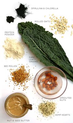 the ingredients to make this smoothie include spinach leaves, almonds, peanut butter and spirulina