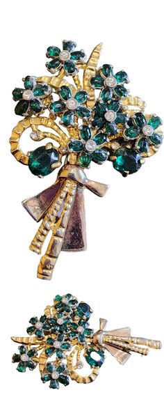 A lovely vintage brooch, features riveted flowers made with green and clear rhinestones, in a gold-plated metal pot. well-made riveted and pretty heavy piece.  Size: 3.75'' Condition: fair to good; at the bottom of the bow, the plating is worn a bit. Era: circa 1960s Signed: None Elegant Green Rhinestone Brooches, Formal Green Rhinestone Brooches, Green Vintage Rhinestone Brooches, Vintage Green Rhinestone Brooches, Vintage Green Rhinestone Brooch, Rhinestone Flower, Etsy Sales, Vintage Jewels, Rhinestone Brooches