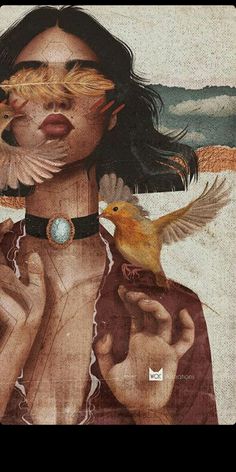 a painting of a woman holding a bird in front of her face and looking at the camera