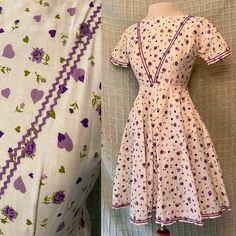 "Era: late 50s/early 60s Brand/maker: unlabeled, possibly homemade Fabric content: assumed cotton or possibly a cotton blend Condition: excellent, small faint spot on skirt, not noticeable, see photos. This item is washed and ready to wear. Fits like: x small Chest: 31/32\" Waist: 24\" Hip: 56\" Length: 33\" Shoulder to waist: 12\" Please contact me with any questions and take a look at my other items!" Spring Vintage Fitted Cotton Dress, Fitted Cotton Vintage Dress For Spring, Spring Vintage Cotton Fitted Dress, White A-line Vintage Cotton Dress, Fitted Cotton Vintage Dress For Daywear, Retro Cotton Vintage Dress With Vintage Pattern, White Lined Cotton Vintage Dress, White Cotton Lined Vintage Dress, Fitted Cotton Vintage Dress For Garden Party