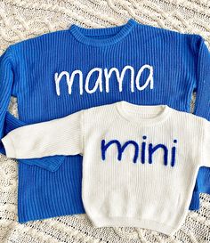 Listing is for Mama and Mini Set only   To order separately or only buy one or the other, please see other listing: https://stitchedxstacey.etsy.com/listing/1549073218 Our custom hand embroidered Mama & Mini sweaters are going to be that staple to wear and match with your little one to show that fun mama in you!  Give them as gifts for mother's day, birthday's, Xmas gifts, and more!  Both adult and child sweaters are oversized and are a chunky shaker knit.    Choose the set color and child size of your sweater in the above drop downs.  Fill in the personalization box with the adult size you need.  Small, Medium, and Large is all that is available right now.  (Will hopefully be expanding sizes soon.)  Yarn colors will be done as shown in pictures, unless you are wanting something different. Mama Sweater, Crocheted Patterns, Mama And Mini, Gifts For Mother's Day, Mini Sweater, Embroidery Ideas, Baby Things, Kids Sweater