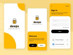 three mobile phone screens with the logo for deeps brewing on one side and a welcome sign on the other