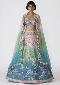 Kinfolk aurora ombre applique embellished raw silk lehenga, blouse & tulle dupatta. Silk Lehenga Blouse, Rahul Khanna, Raw Silk Lehenga, Nyc Studio, Lehenga Blouse, Nehru Jackets, Silk Lehenga, Western Wedding, Wedding Service