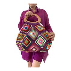 Granny spuare crochet purple  Tote Bag with Wooden Handles in.Color cotton with lining