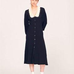 Sandro Long Sleeve Dorothy Midi Shirt Noir Dress Women's Size 38 Nwt Brand: Sandro Color: Noir Oversized Collar Long Blouson Sleeves Front Button Closures Please Note That This Dress Will Be Delivered With A Black B-Tag Attached, With Instructions For Removal Included 54% Viscose/43% Polyamide/3% Elastane B30823 Classic Black Midi Dress For Daywear, Classic Black Winter Dress, Classic Collared Winter Dress, Black Collared Midi Dress For Daywear, Chic Collared Midi Dress For Winter, Collared Formal Winter Dress, Collared Formal Dresses For Winter, Winter Formal Collared Dresses, Oversized Collar