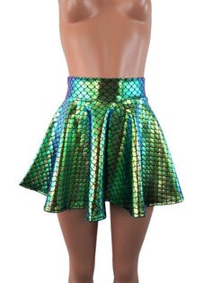 "Please measure yourself to make sur u order the correct length Iridescent Black gold color changing , small round mermaid scale print spandex skater skirt 15\" shown on mannequin.High waist skirt can be worn lower or higher most skirts allow you to place the waistline where it suits you on your particular body shape and personal desire! this fun flirty skirt is a full circle design and can be ordered in lengths of 10 inch, 12 inch, 15 inch and 19 inch- if you need a longer length contact me for Stretch Mermaid Skirt For Party, Green Fashion Outfits, Vivian Dress, Rave Skirt, Skirt Circle, Iridescent Mermaid, Led Clothing, Iridescent Black, White Costumes