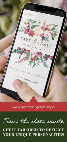 a person holding up a phone with the text save the date on it and an image of