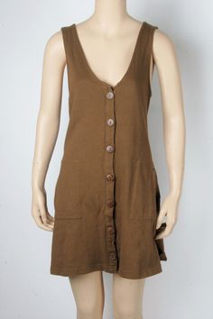 New With Tags Size: Small Color: Army (Brown) Front Button Closure Hip Pockets Dropped Armholes Low Strappy Back Detail Length: 32.5 in Bust: 34 in. Waist: 33.5 in Original Retail $78 100% Cotton Free People Beach, Back Details, Free People, Summer Dresses, Mini Dress, Tags, Color