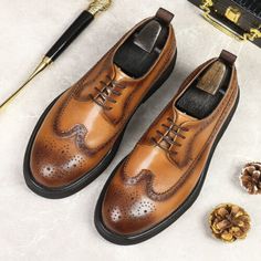 Fall Business Lace-up Closed Toe Shoes, Brown Leather Shoes With Round Toe For Party, Brown Closed Toe Dress Shoes For Party, Brown Leather Shoes For Party, Brown Pointed Toe Oxfords For Party, Brown Leather Shoes For Spring Semi-formal, Party Leather Shoes With Brogue Detailing And Round Toe, Party Lace-up Oxford Shoes With Round Toe, Brown Pointed Toe Dress Shoes For Party