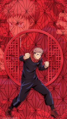 an anime character is standing in front of a red background