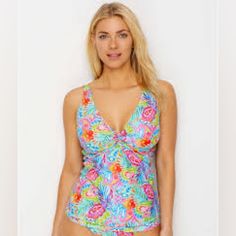 New Sunsets Separates $82 Tankini Swimsuit Top Only Padded Floral Large Halter - Siesta Key Fitted V-neck Tropical Tankini, Fitted Tropical Print Tankini For Spring, Pink V-neck Tankini For Swimming, Pink Tankini With Tropical Print, Summer Holiday Tankini, Fitted V-neck Swimwear For Holiday, Pink V-neck Floral Print Swimwear, Pink Floral Print V-neck Swimwear, Pink V-neck Swimwear With Floral Print