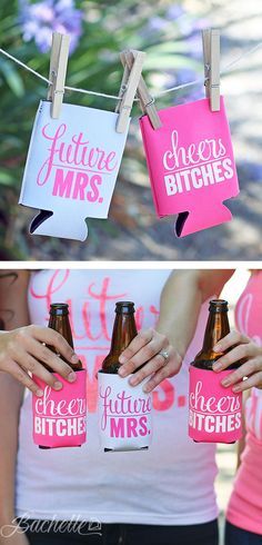 two women holding pink and white beer bottles with the words future mrs hanging from clothes pins