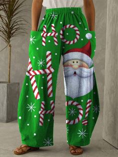 Long Pants Casual, Ho Ho Ho Christmas, Casual Wear Women, Printed Wide Leg Pants, Christmas Santa Claus, Wear Green, Vintage Pants, Elastic Waist Pants, Printed Cardigan