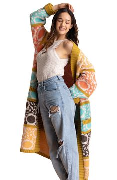 Patterned colorblocking brings boho appeal to this supersoft cardigan flanked by oversized patch pockets. Open front Long sleeves Front patch pockets Ribbed cuffs and hem 100% acrylic Hand wash, line dry Imported Knit Kimono, Colorblock Cardigan, Color Block Cardigan, Long Knit, Dark Yellow, Cozy Fits, Trendy Accessories, Floral Patterns, Long Cardigan