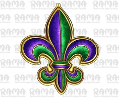 a purple and green fleur de lis with gold trimming on a white background