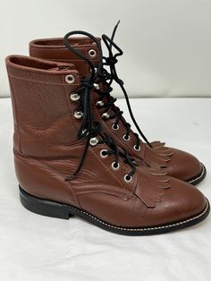 "Vintage COWTOWN Brown Roper Boots SIZE: US Women 6D (Wide)---Marked as Boys 4D WIDTH:  3 1/2\" LENGTH OUTSOLE: 10\" HEIGHT: 8\" HEEL: 1 \" MATERIAL: Leather  COLOR: BROWN Made by Cowtown NOTE: Shoes show light signs of wear on soles, heels and uppers consistent to pre-owned shoes." Fall Lace-up Boots With Reinforced Toe, Closed Toe Boots For Rodeo In Fall, Fall Rodeo Boots, Fall Lace-up Boots With Reinforced Heel And Snip Toe, Fitted Lace-up Boots With Reinforced Toe, Brown Western Lace-up Boots With Round Toe, Brown Western Style Lace-up Boots With Round Toe, Fitted Boots For Rodeo With Closed Toe, Retro Snip Toe Boots For Fall