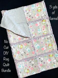 the instructions for how to make a quilted baby blanket with owls and polka dots