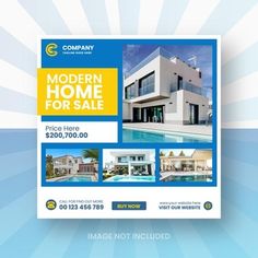 a real estate flyer is displayed on a blue and white background with sunbursts