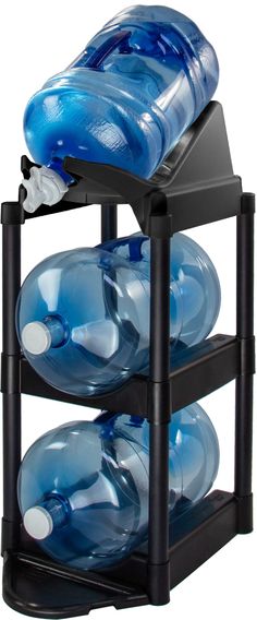 three tiered plastic storage rack with blue water bottles on the top and bottom shelves