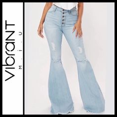 Nwt Vibrant M.I.U High Rise Bell Bottom Jeans Sz 3/25 Button Fly 5-Pocket Construction Distressed Fitted Through Hip And Thigh Exaggerated Bell Bottom Raw, Unfinished Hem Waist Measures Approx 13” Across Rise Approx 10” Inseam Approx 34” Leg Opening Approx 17” Across Light Stone Wash 60% Cotton 32% Modal 7% T400 1% Lycra Orig. $85 Fitted Denim Blue Bottoms With Snap Buttons, Blue Flare Jeans With Button Closure For Fall, Medium Wash Pants With Buttons For Spring, Trendy Light Wash Pants With Button Closure, Spring Medium Wash Pants With Buttons, Denim Blue Bottoms With Snap Buttons For Fall, Blue Mid-rise Flare Jeans With Button Closure, Trendy Light Wash Jeans With Snap Buttons, Trendy Spring Flare Jeans With Buttons