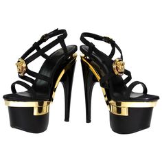 100% Leather Heel 6 Inches; Platform 4 Inches Gold Medusa On Front Multiple Straps Made In Italy Versace Triple Platform Black Gold Medusa Swarovski Crystals Sandals Heels Bling. Size 38.5 I Wore These Literally A Handful Of Times. They Are Perfect. Fit Like A Size Usa 8. Comes With Original Box Iconic And So Rare. Also Have Matching Booties On Other Listing Like The Item But Not The Price? Offers Are Always Accepted! Feel Free To Send An Offer Bundle 2+ Items & You Will Get Sent A Discounted Offer & You Will Save $ On Shipping Poshmark Ambassador Closet In Top Rated Seller Black And Gold Shoes, Versace Sandals, Fashion Elements, Leather Strap Sandals, Strappy Leather Sandals, Strappy Platform Sandals, Black Platform Sandals, Versace Gold, Versace Shoes