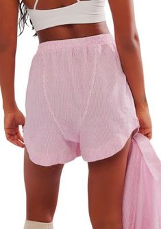 Not your boyfriends boxers: these airy, so comfy shorts from Free People are featured in a relaxed silhouette and charming seersucker fabrication with a curved hem for a flattering fit. Fit: Relaxed, high-waisted | Free People Women's Cloud Nine Boxers, Pink, Large Spring Cotton Pink Pajama Shorts, Sporty Pink Cotton Pajama Shorts, Pink Relaxed Fit Short Sleepwear, Pink Free People Shorts, Pink Relaxed Fit High-waisted Pajama Shorts, Cloud Nine, Comfy Shorts, Your Boyfriend, Free People