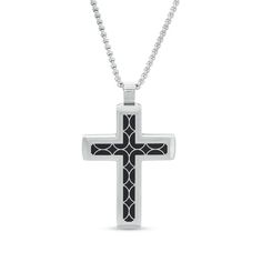 This men's stepped edge cross pendant crafted in stainless steel features a black resin geometric pattern inlay. The design suspends along a 24.0-inch box chain that secures with a lobster claw clasp. Black Resin, Christian Jewelry, Cross Jewelry, Steel Metal, Box Chain, Men Necklace, Necklace Designs, Cross Pendant, Lobster Claw