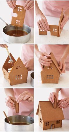 four pictures showing how to make a paper house