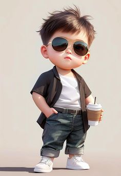 a little boy wearing sunglasses and holding a coffee cup