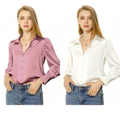 Pair perfectly with your favorite skirts or jeans for a chic look. This satin blouse is a throw-on piece. Wearing this, you can create your stunning chic look effortlessly, and you can be subtly elegant for work now and flirtatiously playful the next. Add this versatile piece to your everyday wardrobe. It can be dressed up or down. The relaxed fit enhances the laid-back look with a bit of glamour. Feminine Fall Tops With Button Closure, Feminine Fall Blouse With Button Closure, Padded Button-up Blouse For Fall, Fall Padded Button-up Blouse, Feminine Long Sleeve Tops With Buttons, Feminine Long Sleeve Shirt With Button Closure, Feminine Buttoned Shirt For Fall, Feminine Fall Tops With Buttons, Feminine Button Shirt For Fall