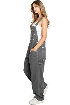 Multi-Pocket BibClassic twill canvas overalls with baggy straight leg fit. Traditional style bib with pockets on the chest and to the sides and button up closures on the sides. Pair with a crop top or long sleeve tee underneath! CARE | Hand Wash or Machine Wash Cold CONTENTS | 100% Cotton MEASUREMENTS | 56"/142 cm Top to Bottom 31"/78 cm Inseam (Size 14) MODEL | 5'8 - wearing a size 14; usual size is Small IMPORTED Plus Size Overalls, Womens Denim Overalls, Grey Denim, Denim Overalls, Dungarees, Tube Top, Long Sleeve Tee, Leotards, Traditional Style