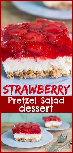 strawberry pretzel salad dessert on a plate with the title in red and white