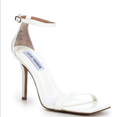 Steve Madden Square Toe With Ankle Strap Heels White Nwt White Fitted Sandals With Heel Strap, Sleek White Sandals With Padded Heel, White Sleek Heels With Single Toe Strap, Sleek White Heels With Single Toe Strap, White Sleek Open Heel Heels, Sleek White Open Heel Heels, Sleek White Synthetic Heels, Heels White, Square Toe Sandals