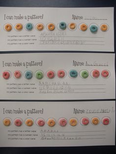 three different colored doughnuts on white paper with words written in black and green