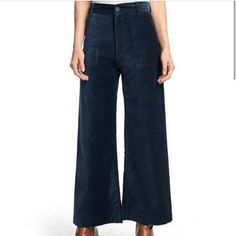 Keep Comfortable And Look Chic Doing So Thanks To These Soft Cotton Pants Crafted With A Wide-Leg Silhouette. Size 28 100% Cotton Machine Wash Imported Smoke-Free, Pet Free Home Blue Pants With Patch Pockets For Fall, Mid-rise Wide Leg Pants With Patch Pockets For Fall, Blue Pants With Hip Pockets For Fall, Mid-rise Bottoms With Patch Pockets For Fall, Fall Mid-rise Bottoms With Patch Pockets, High Waist Fitted Bottoms With Patch Pockets, Fitted High-waist Bottoms With Patch Pockets, Fitted High Waist Bottoms With Patch Pockets, High Rise Pants With Patch Pockets For Fall