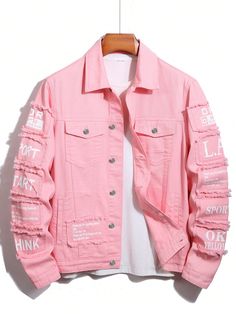 Pink Casual Collar Long Sleeve Denim Slogan Other Embellished Non-Stretch  Men Clothing Yellow Mens Outfits, Denim Jacket With Letter Print For Fall, Fall Denim Jacket With Letter Print, Long Sleeve Denim Jacket With Letter Print For Fall, Fall Long Sleeve Denim Jacket With Letter Print, Spring Cotton Outerwear With Letter Print, Pink Cotton Urban Outerwear, Urban Style Pink Cotton Outerwear, Pink Denim Jacket For Streetwear