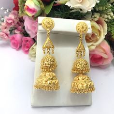 Handmade Jhumka Earrings 22ct Micro Gold Plated Earrings Indian jewelry Pakistan Jewelry  Length:3.5"Inches Approx  Traditional Indian Wedding Jewellery Slight Colour variations possible due to difference in screen and photograph  It is a perfect match with formal attire on special occasions or with casual wearing Care instructions Keep Jewellery away from direct heat, water, perfumes, deodorants and other strong chemicals as they may react with the metal or plating. The plating composition of J 22k Gold Bollywood Earrings For Puja, Heavy 22k Gold Earrings For Puja, 22k Gold Earrings For Navratri Celebration, Bollywood Style Gold Plated Earrings For Puja, Gold-plated Danglers For Puja During Diwali, 22k Gold Dangle Jhumkas For Festivals, Festival 22k Gold Dangle Jhumkas, Bollywood Yellow Gold Earrings For Puja, Gold Bridal Earrings With Latkans For Puja