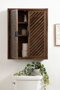 a wooden cabinet above a toilet in a bathroom with plants on the floor and potted plant next to it