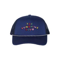 Brighten your day in our Rainbow Embroidered Sunshine Club Trucker Hat. Perfect for adding a splash of color to your look, this hat is all about spreading sunshine and good vibes! Blue Fun Snapback Hat For Summer, Fun Blue Snapback Hat For Summer, Summer Festival Baseball Cap, Summer Festival Snapback Cap, Trendy Multicolor Hats With Uv Protection, Fun Blue Trucker Hat For Vacation, Trendy Blue Trucker Hat For Vacation, Blue Flat Brim Snapback Hat For Summer, Trendy Multicolor Visor Hat