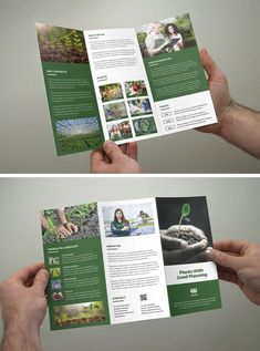 two hands holding an open brochure with images of people working in the garden