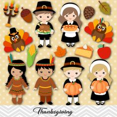 thanksgiving clipart set with kids in costumes