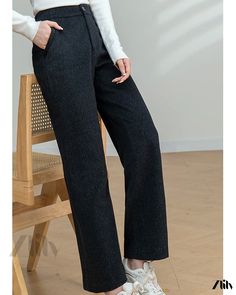 Zlily - High-Waisted Wide Leg Trousers for Casual Wear Non-stretch Straight Leg Winter Bottoms, Casual Solid Dress Pants For Winter, High-waisted Pants With Welt Pockets For Winter, Winter High-waisted Pants With Welt Pockets, Winter Office Pants In Solid Color, High Waist Non-stretch Dress Pants, Casual Straight Dress Pants For Winter, Business Casual Wide Leg Pants With Pockets For Winter, Winter Office Pants With Pockets