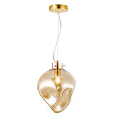 a glass light hanging from a ceiling fixture with a gold colored metal ring around it