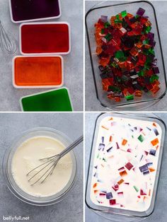 four pictures showing how to make colorful jello with candy bars and other toppings