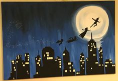 a painting of two people flying in the sky over a city at night