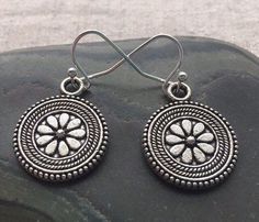 SALE - Boho Flower Earrings - Flower Disc Earrings - Circle Flower Earrrings - Bohemian Flower Jewel Silver Earrings With Flower Charm, Bohemian Silver Flower Earrings, Silver Bohemian Flower Earrings, Bohemian Silver Earrings With Flower Charm, Bohemian Silver Round Flower Earrings, Silver Round Bohemian Flower Earrings, Everyday Jewelry Silver, Drop Earrings Simple, Mountain Earrings