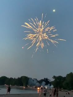 people are standing on the beach watching fireworks go off in the sky over water and trees